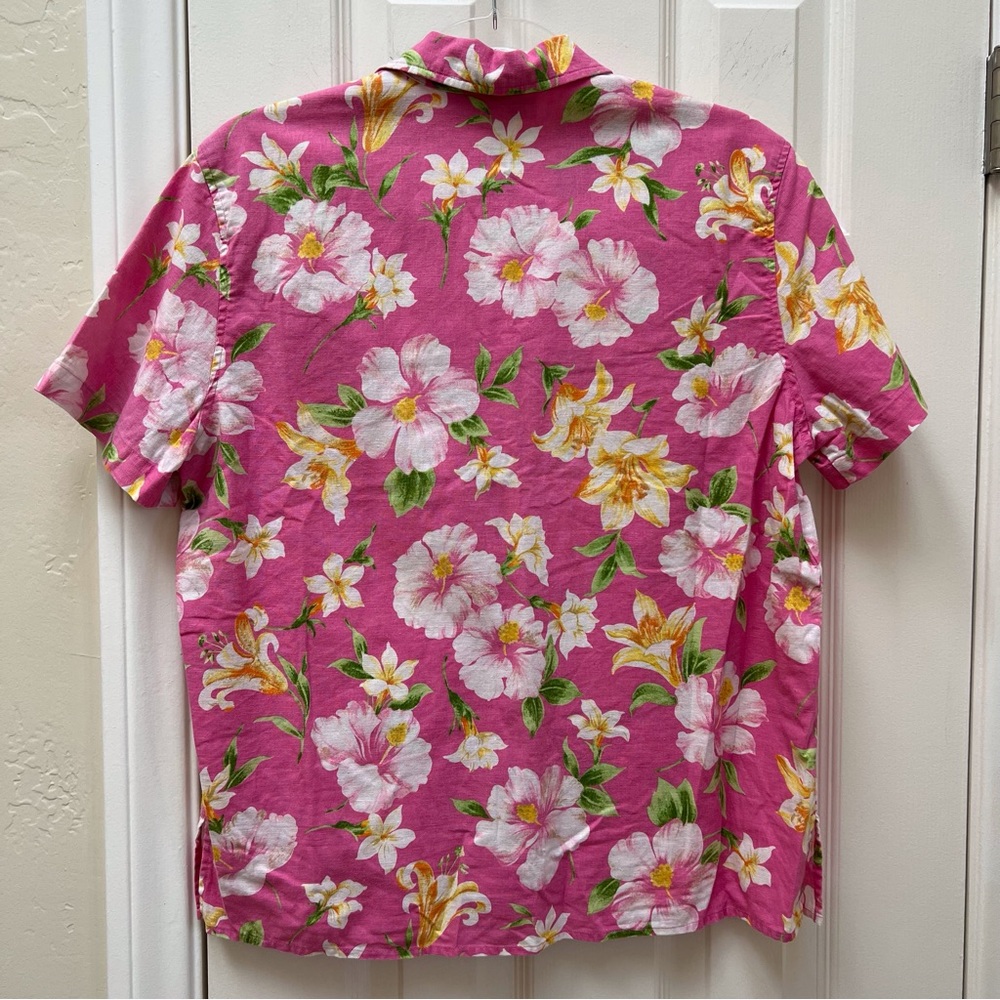 Vintage 90s Linen-Blend Pink Floral Hawaiian Blouse Tropical Lilly Tiki Barbie - Picture 5 of 8